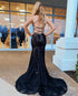 Black Lace Mermaid Prom Dresses 2019 Delicate Long Party Gown Appliques Criss Cross